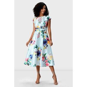 Eshakti Watercolor floral print dupioni pleated empire dress size Medium